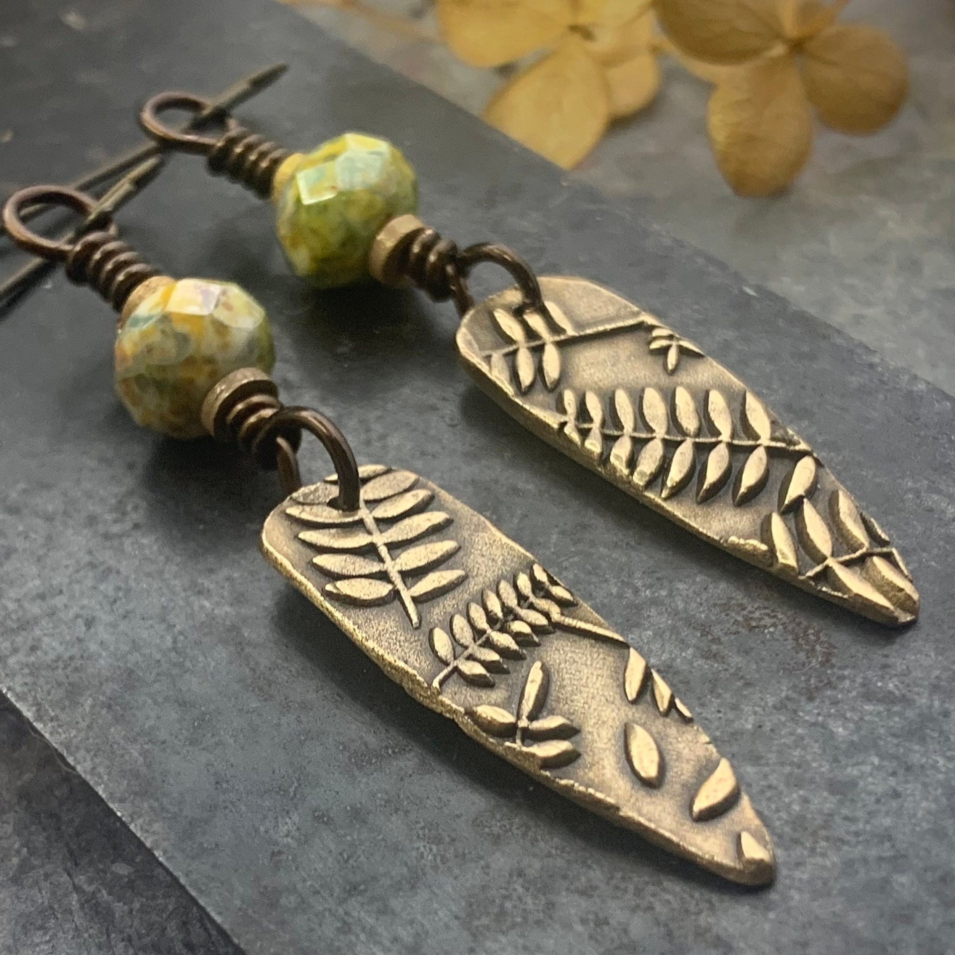 Fern Bronze Earrings, Teardrop Shield, Botanical Earthy, Green Witch, Hypoallergenic Ear Wires, Green Czech Glass, Handmade Art Jewelry