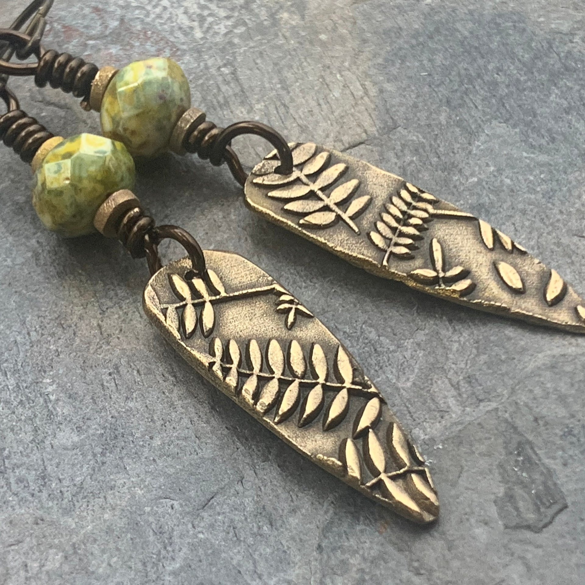 Fern Bronze Earrings, Teardrop Shield, Botanical Earthy, Green Witch, Hypoallergenic Ear Wires, Green Czech Glass, Handmade Art Jewelry