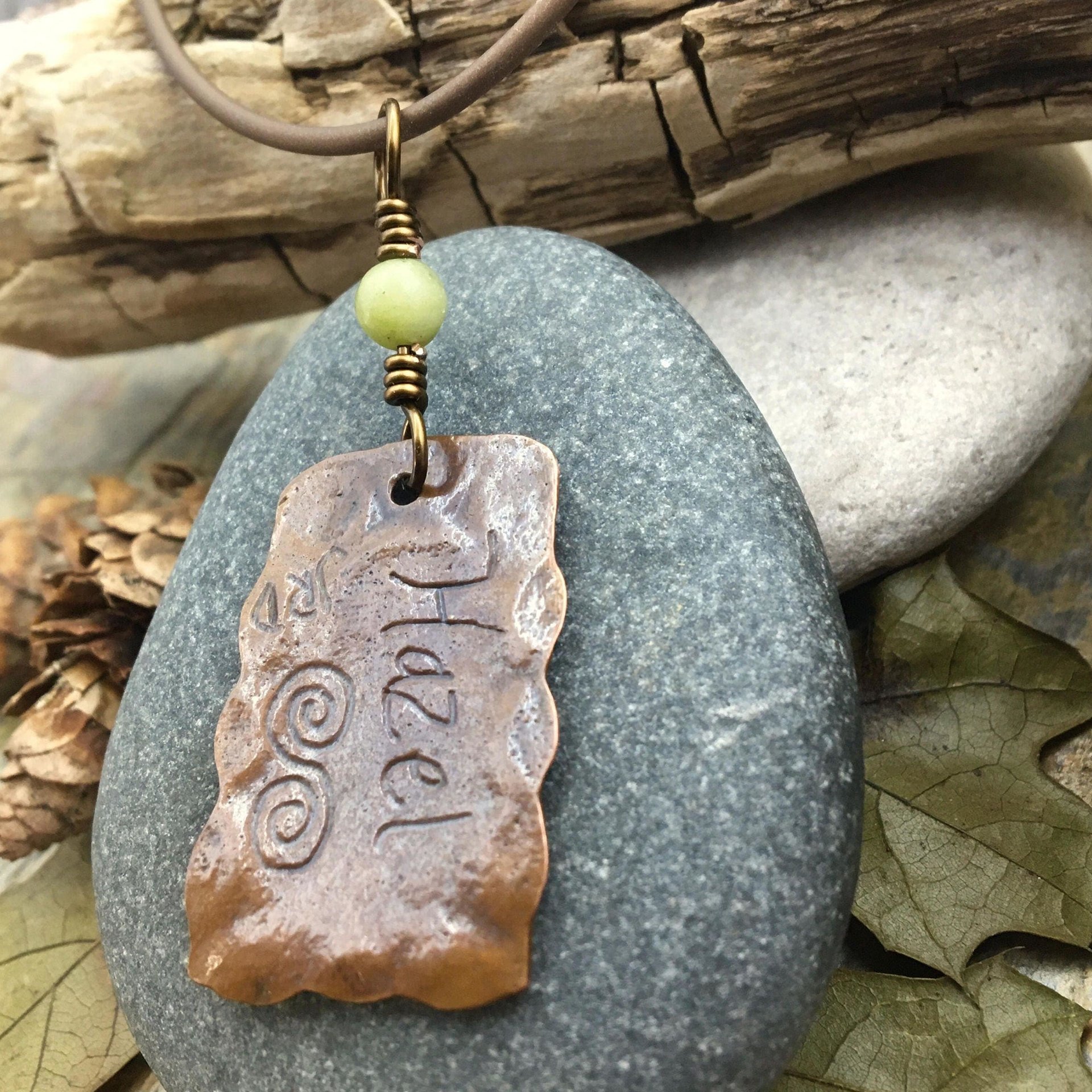 Hazel Tree Ogham Charm, Copper Pendant, Celtic Tree Astrology, Connemara Marble, Hand Carved, Spirals, Celtic Zodiac, August 5 – September 1
