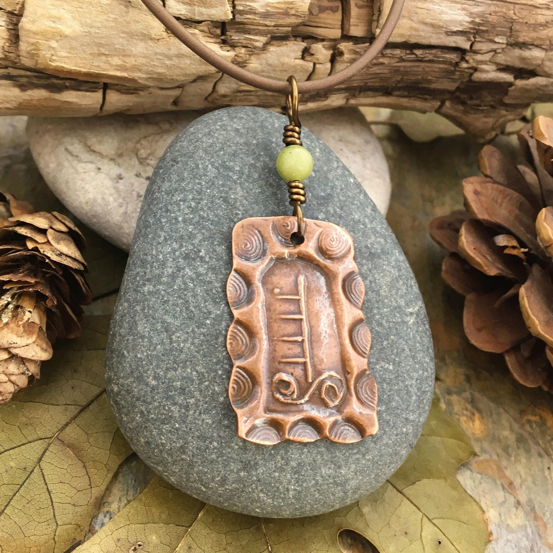 Hazel Tree Ogham Charm, Copper Pendant, Celtic Tree Astrology, Connemara Marble, Hand Carved, Spirals, Celtic Zodiac, August 5 – September 1