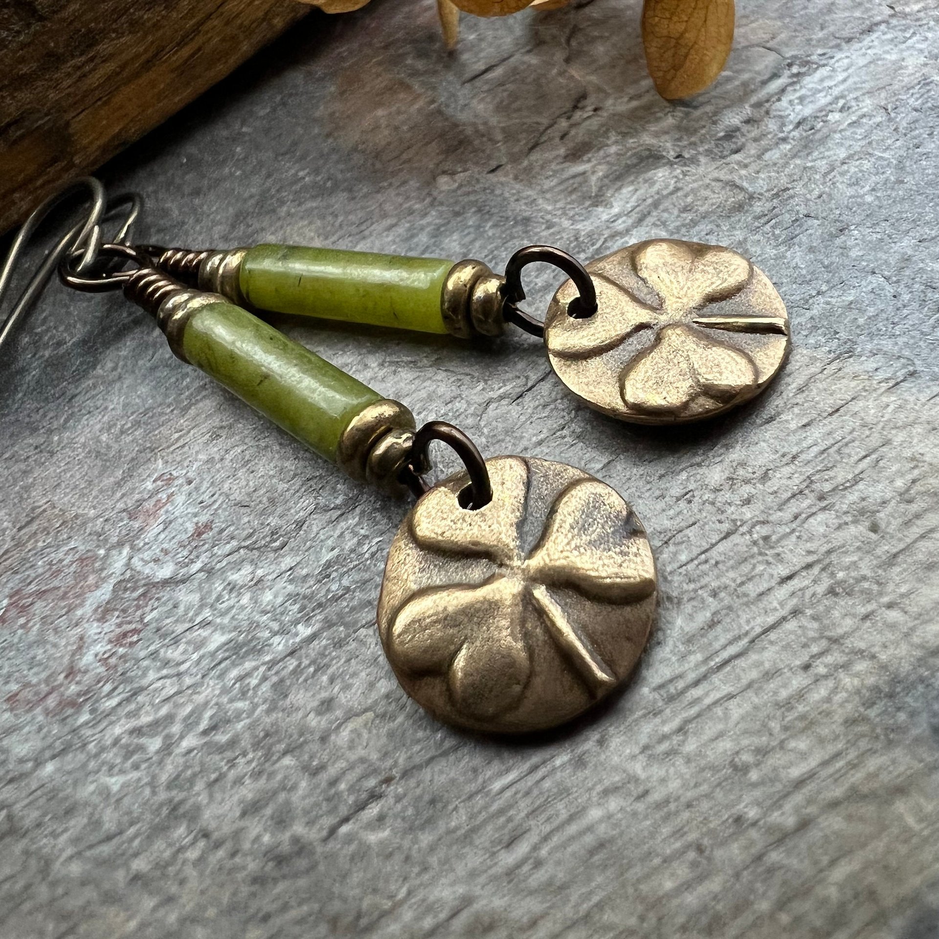 Shamrock Bronze Earrings, Irish Clovers, Connemara Marble, Irish Shamrock, Irish Celtic Jewelry, St Patrick's Day, Bronze Anniversary