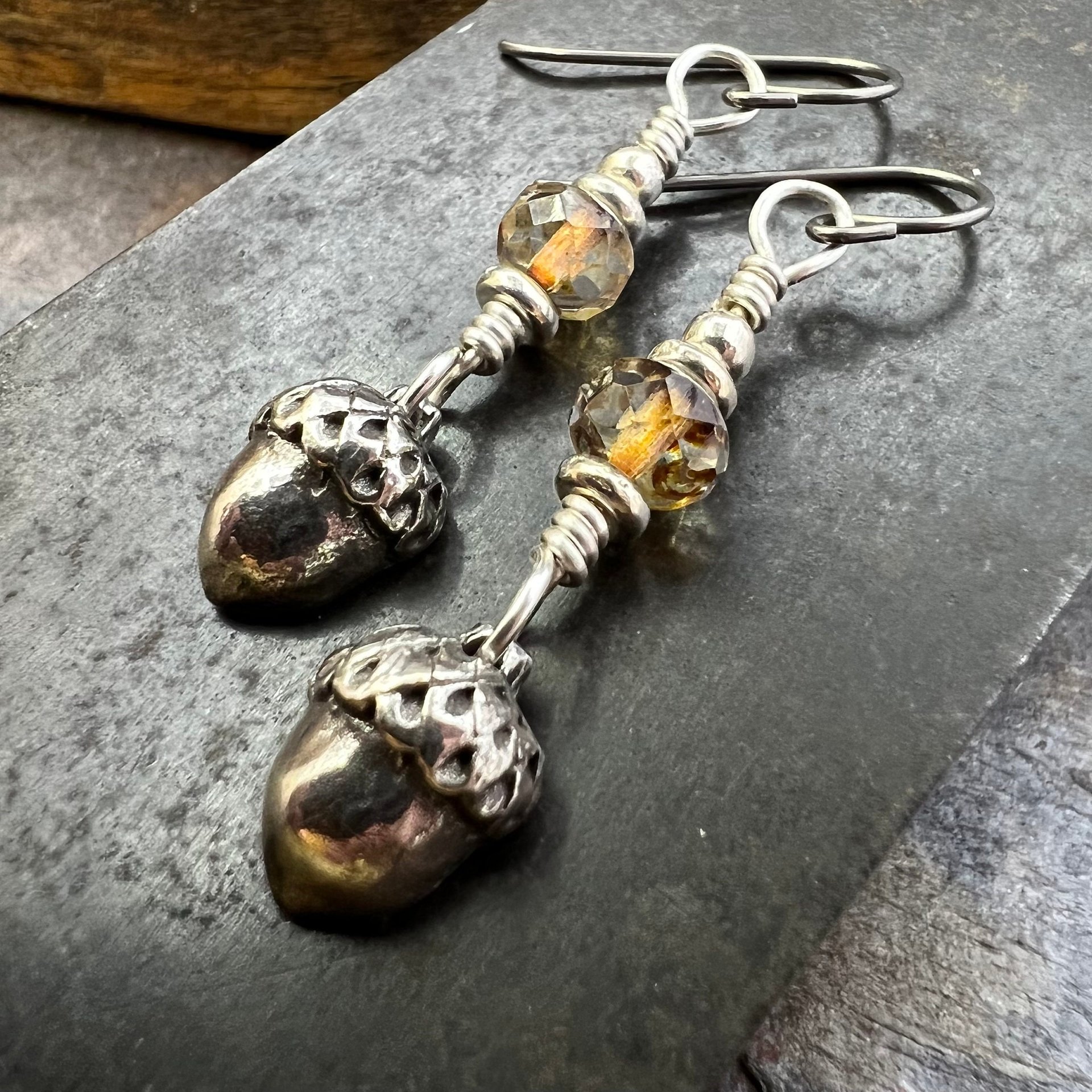 Acorn Sterling Silver Earrings, Hypoallergenic, Niobium Ear Wires, Czech Glass, Oak Tree Jewelry, Tiny Acorns, Druid, Earthy Woodland Gifts
