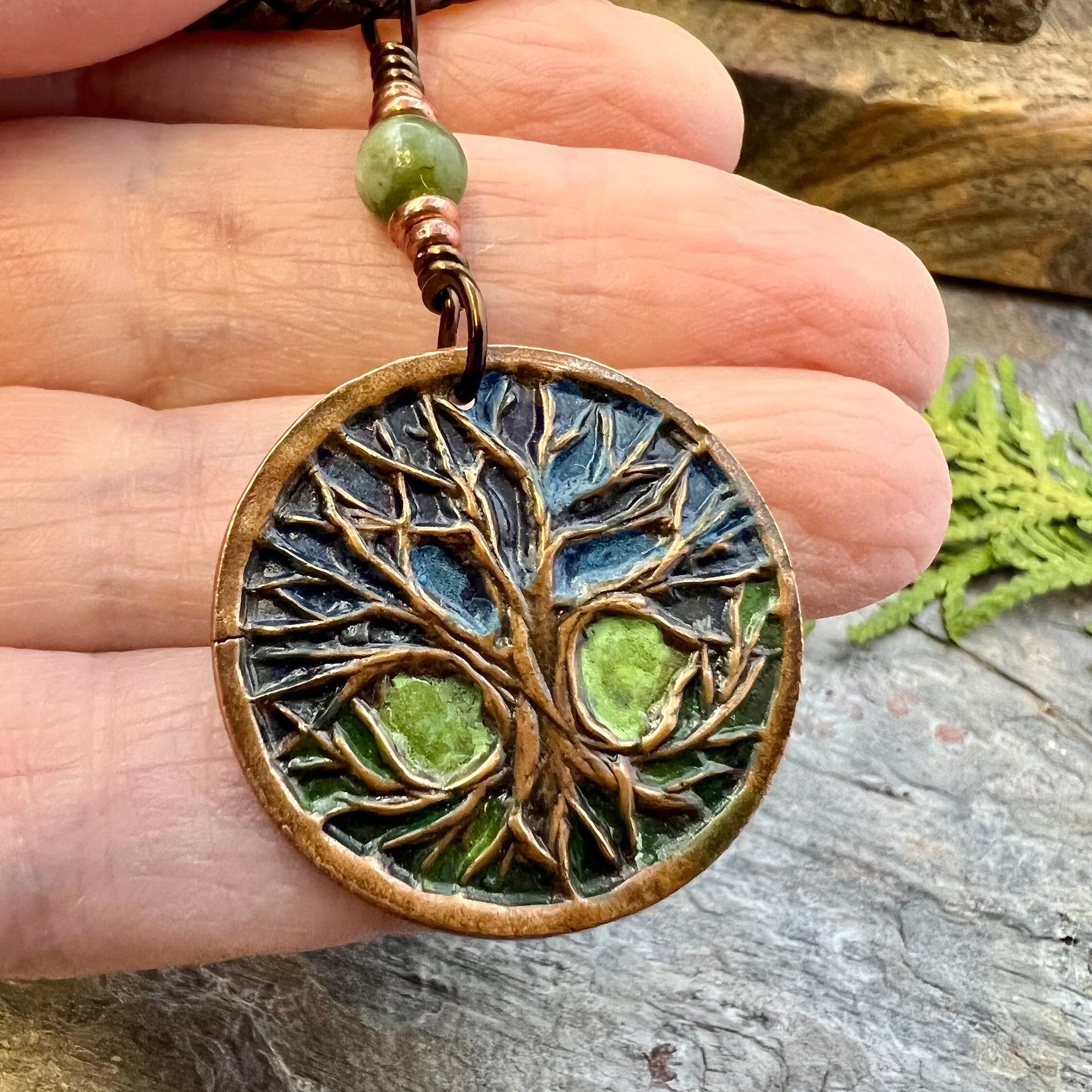 Celtic Tree of Life, Round Copper Pendant, Colorful Patina, Connemara Marble, Irish Celtic Spirals, Celtic Witch Goddess, Earthy Art Jewelry