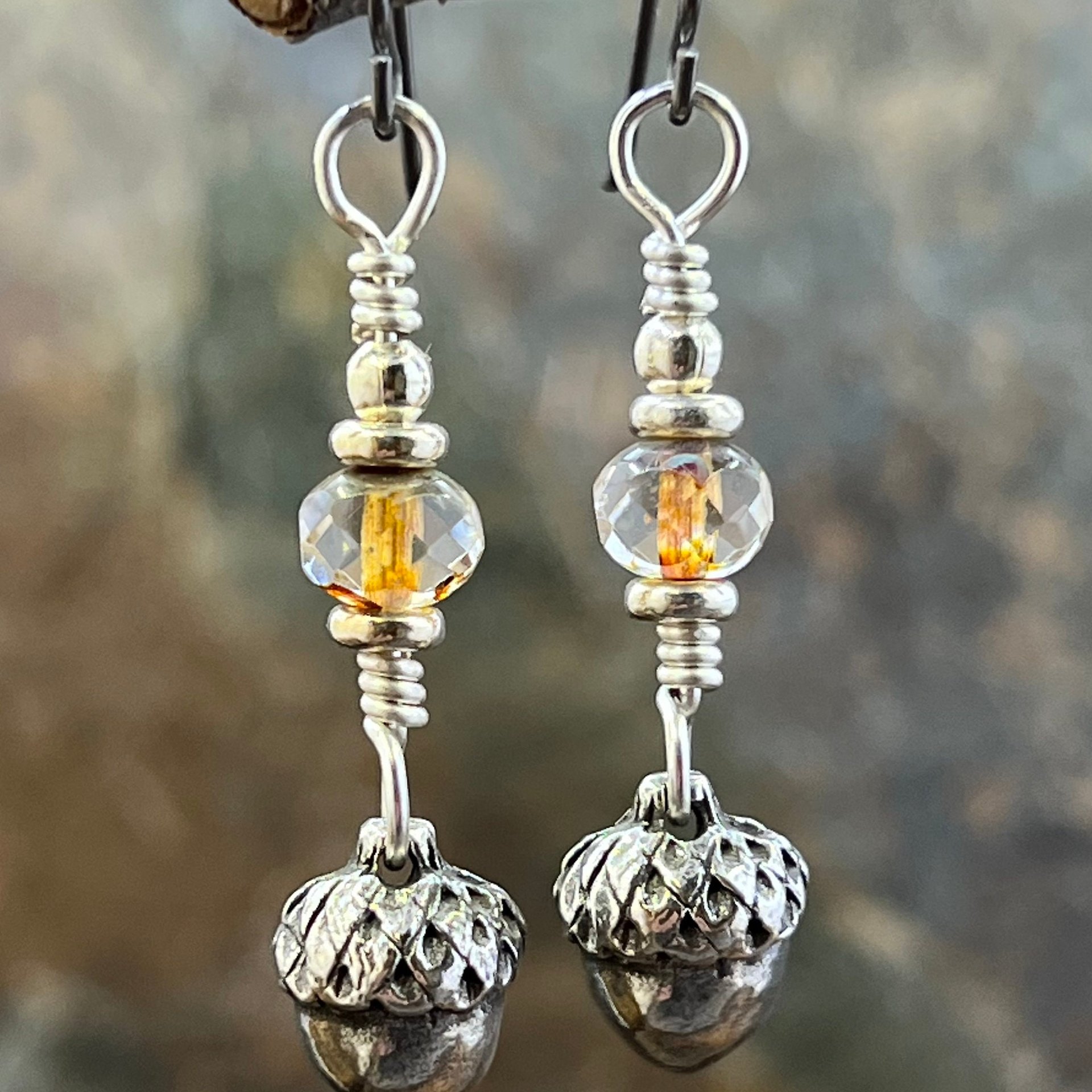 Acorn Sterling Silver Earrings, Hypoallergenic, Niobium Ear Wires, Czech Glass, Oak Tree Jewelry, Tiny Acorns, Druid, Earthy Woodland Gifts