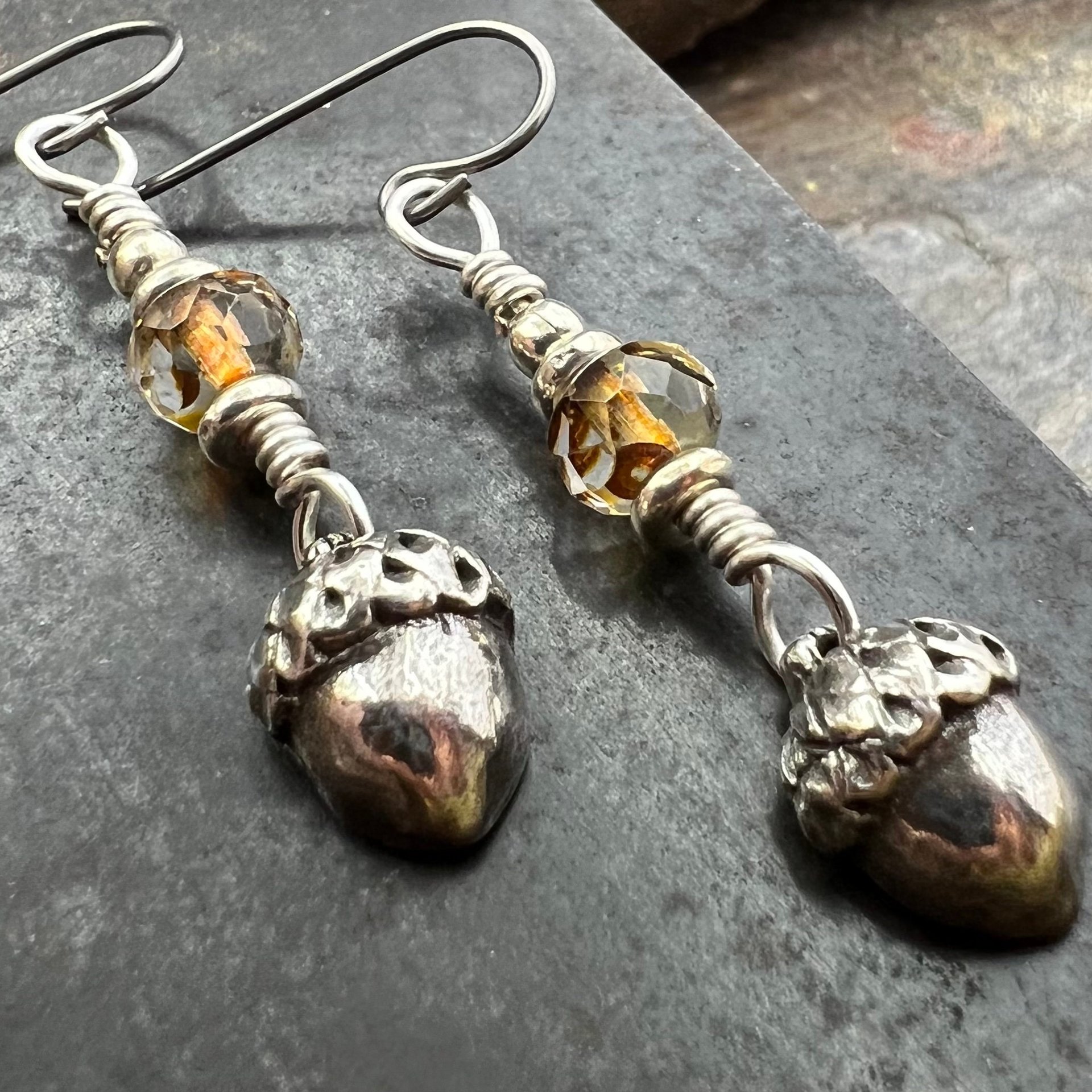 Acorn Sterling Silver Earrings, Hypoallergenic, Niobium Ear Wires, Czech Glass, Oak Tree Jewelry, Tiny Acorns, Druid, Earthy Woodland Gifts