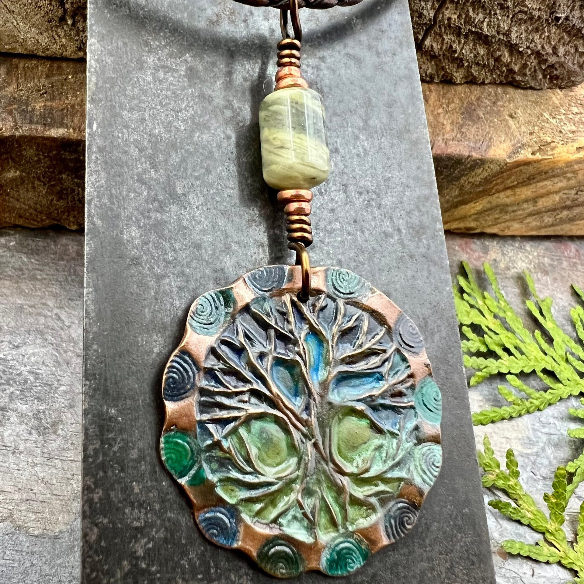 Tree of Life Pendant, Copper Colorful Patina, Connemara Marble, Hand Carved, Irish Celtic Spirals, Celtic Witch Goddess, Ancient Earthy Art