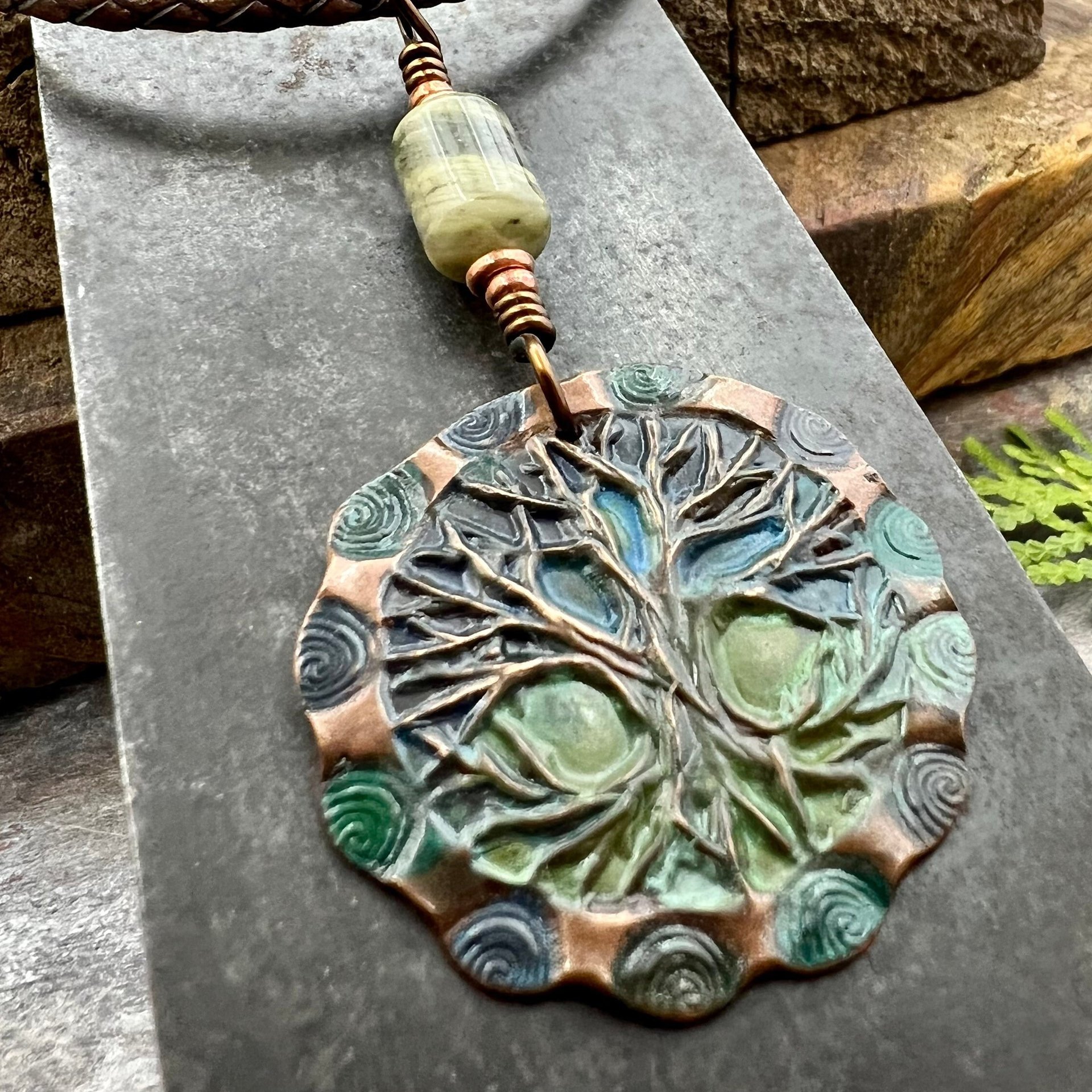 Tree of Life Pendant, Copper Colorful Patina, Connemara Marble, Hand Carved, Irish Celtic Spirals, Celtic Witch Goddess, Ancient Earthy Art
