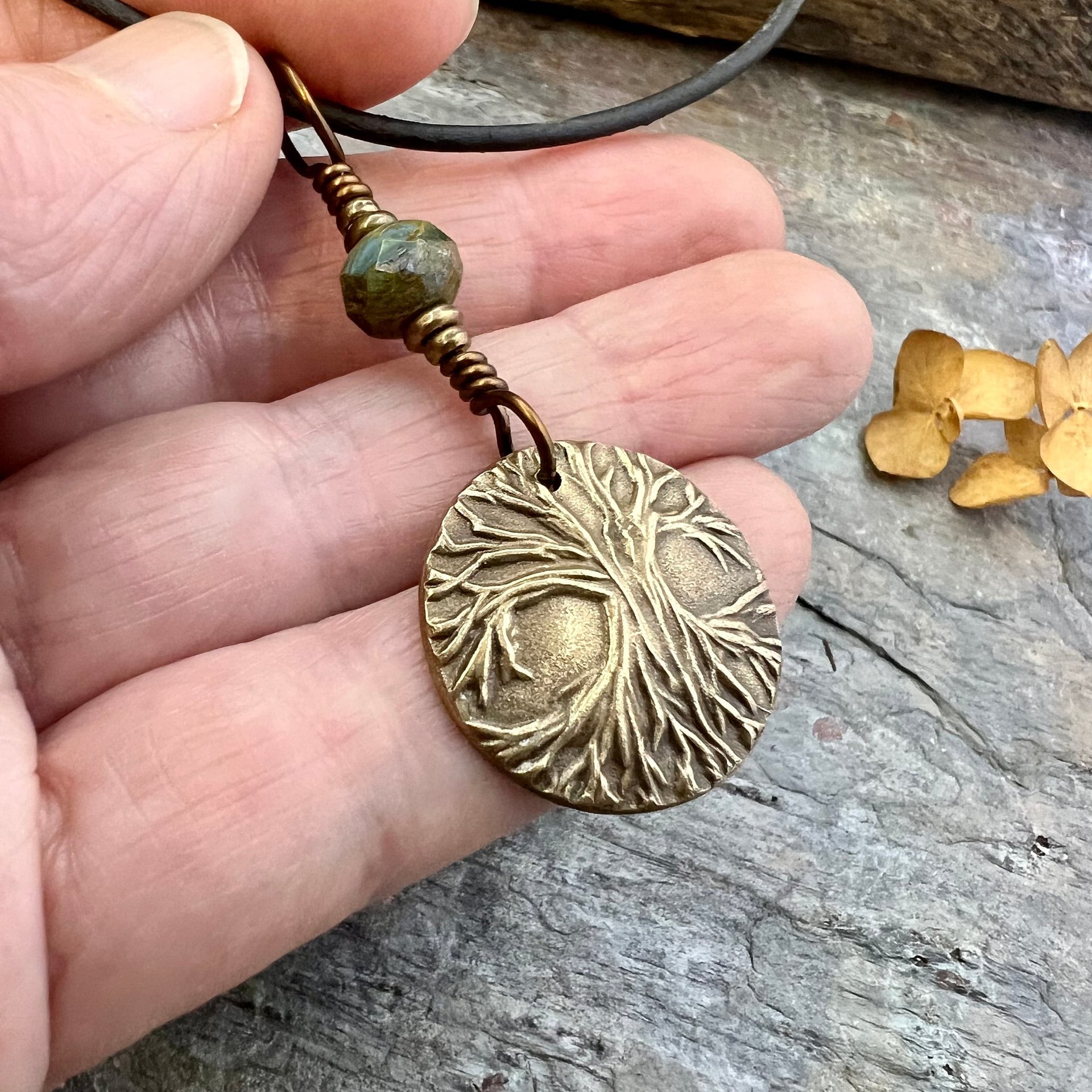 Tree of Life Charm, Bronze Necklace, Tree Branches, Czech Glass Bead, Disc Charm Pendant, Hand Carved, Celtic Witch, Pagan Druid, Earth Love