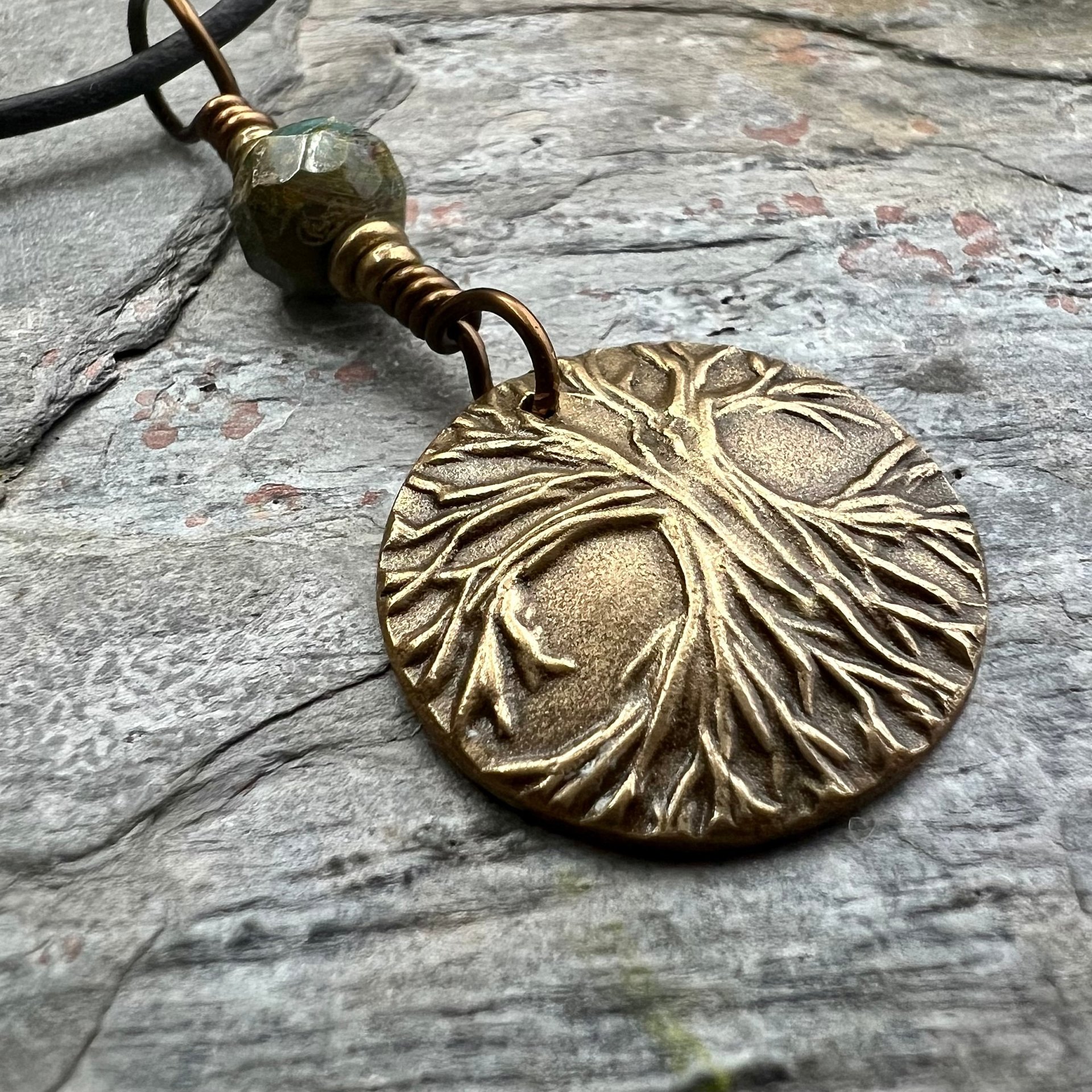 Tree of Life Charm, Bronze Necklace, Tree Branches, Czech Glass Bead, Disc Charm Pendant, Hand Carved, Celtic Witch, Pagan Druid, Earth Love