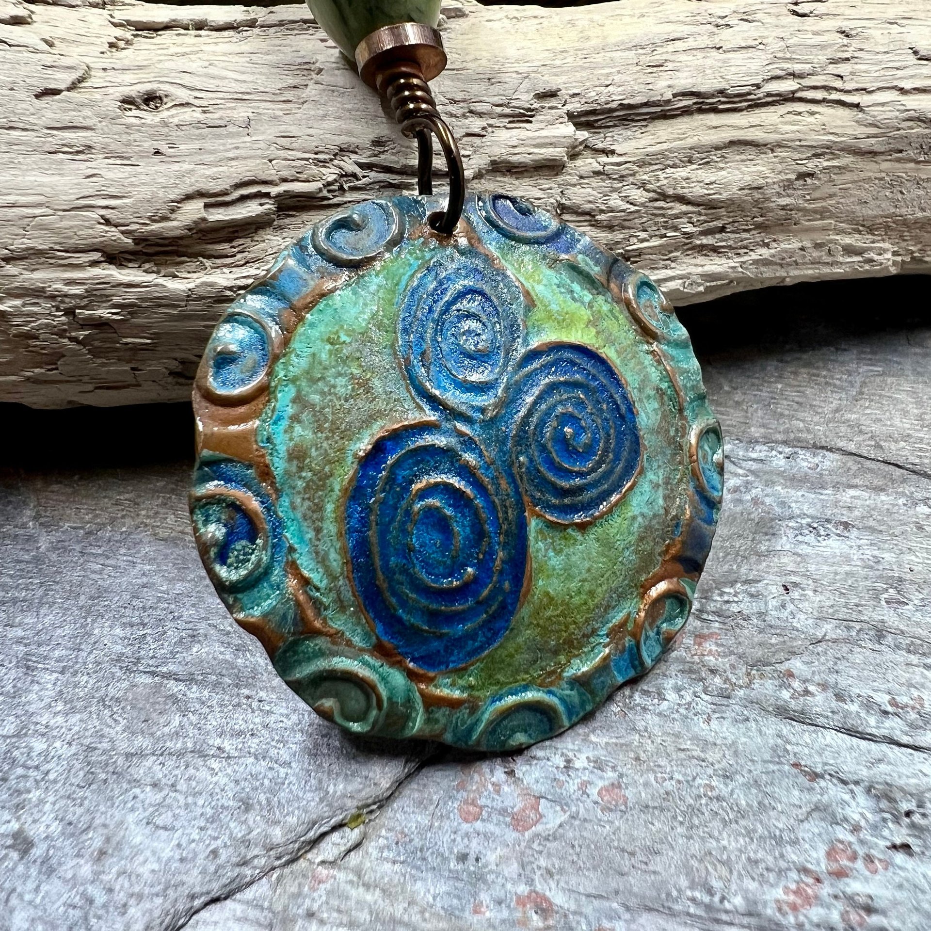Newgrange Spirals, Copper Pendant, Connemara Marble, Triple Spiral, Irish Celtic Jewelry, Verdigris Patina, Blue Green Copper, Pagan Witch