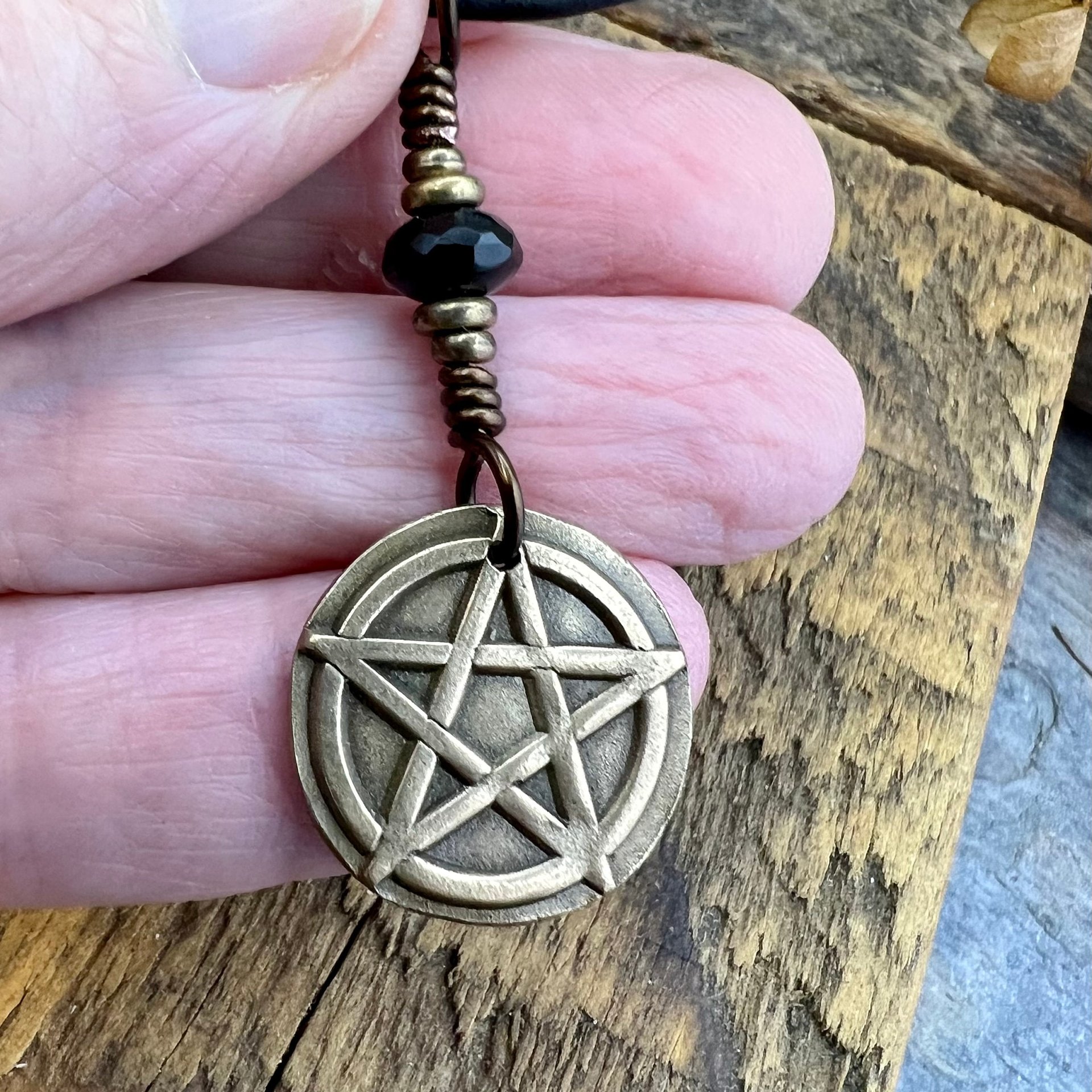 Pentagram Bronze Charm, Pentacle Pendant, Black Crystal Bead, Leather & Vegan Cords, Pagan Wicca, 5 Elements Star, Handmade, Witchy Things