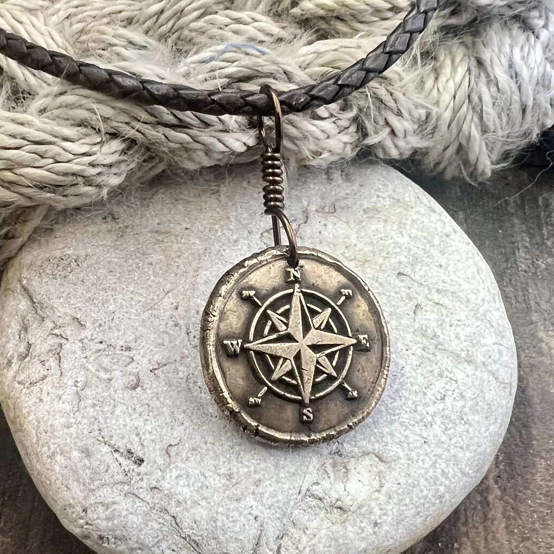 Compass Rose Charm, Bronze Compass Necklace, Nautical, Boats Sailing Sea, Protection Guidance Talisman, Men's Unisex Jewelry, Rustic Seaworn
