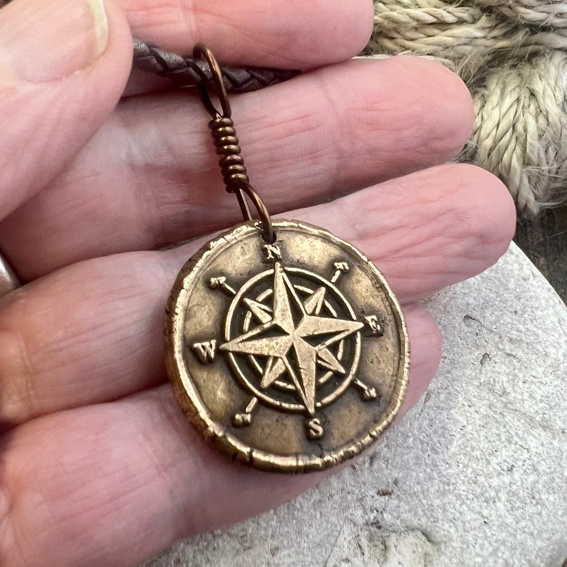 Compass Rose Charm, Bronze Compass Necklace, Nautical, Boats Sailing Sea, Protection Guidance Talisman, Men's Unisex Jewelry, Rustic Seaworn