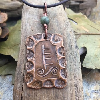 Willow Tree Ogham Charm, Copper Pendant, Celtic Tree Astrology, Connemara Marble, Hand Carved Art, Irish Gaelic, Spirals,  April 15 – May 12