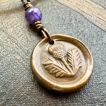 Thistle of Scotland, Copper Wax Seal Charm, Purple Amethyst, Leather & Vegan Cord, Highlander, Outlander, Scottish Gifts, Botanical Jewelry