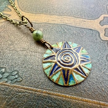 Celtic Sun Spiral Necklace, Copper Patina Pendant, Connemara Marble Bead, Irish Celtic Spirals, Colorful Sun, Pagan Celtic Witch, Handmade