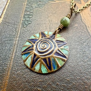 Celtic Sun Spiral Necklace, Copper Patina Pendant, Connemara Marble Bead, Irish Celtic Spirals, Colorful Sun, Pagan Celtic Witch, Handmade