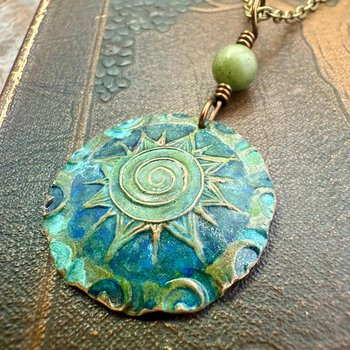 Celtic Sun Spiral Pendant, Copper Verdigris Patina, Irish Celtic Spirals, Connemara Marble, Leather & Vegan Cords, Earthy Rustic Art Jewelry