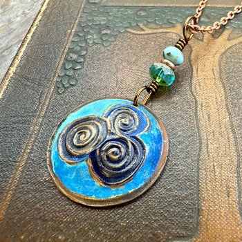Newgrange Spirals, Copper Pendant, Czech Glass Beads, Triple Spiral, Irish Celtic Jewelry, Verdigris Patina, Blue Green Copper, Pagan Witch