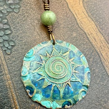 Celtic Sun Spiral Pendant, Copper Verdigris Patina, Irish Celtic Spirals, Connemara Marble, Leather & Vegan Cords, Earthy Rustic Art Jewelry