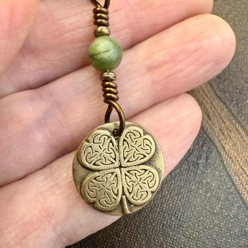 Four Leaf Clover Heart, Bronze Wax Seal Charm, Connemara Marble, Irish Celtic Jewelry, 4 Leaf Clover, Lucky Love Charm, Leather & Vegan Cord