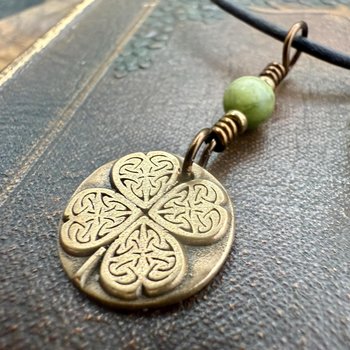Four Leaf Clover Heart, Bronze Wax Seal Charm, Connemara Marble, Irish Celtic Jewelry, 4 Leaf Clover, Lucky Love Charm, Leather & Vegan Cord