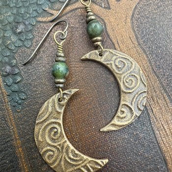 Crescent Moon Bronze Earrings, Connemara Marble Beads, Celtic Witch, Moon Goddess, Hypoallergenic, Pagan Witchy, Everyday Earrings
